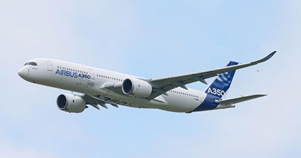 On its third test flight, the A350 XWB performed a flyover of Le Bourget Airport during the Paris Air Show in June. (Photo: Airbus)