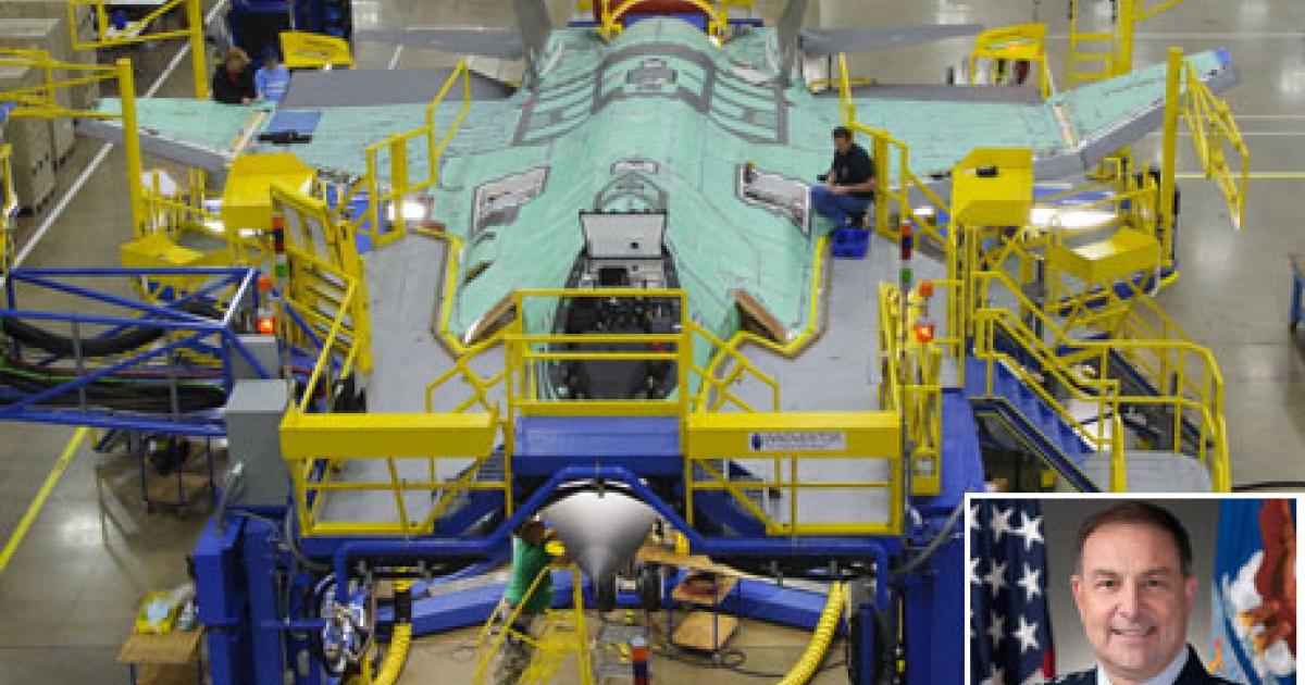 Production of the F-35 is becoming more affordable, according to Lt. Gen. Christopher Bogdan, F-35 program executive officer, inset. (Photos: Lockheed Martin and U.S. Air Force)