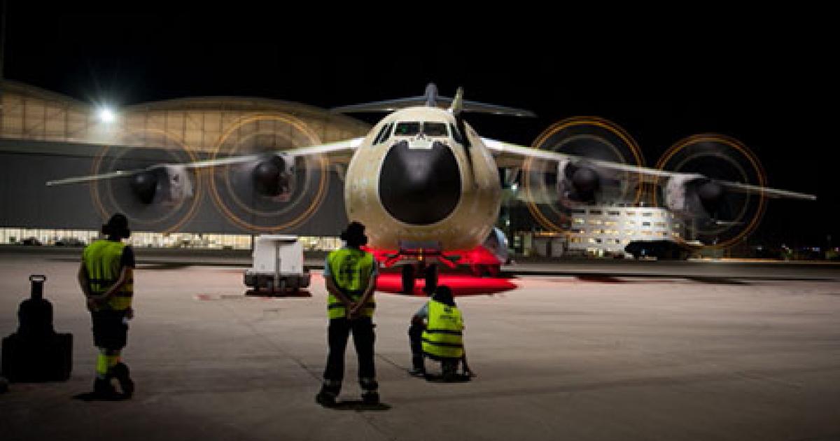 Turkey will be the second of the seven partner nations in Europe to take delivery of the A400M. Its first aircraft is shown conducting engine runs at Seville on July 29. The French air force took delivery of the first production aircraft four days later. (Photo: Airbus Military) 