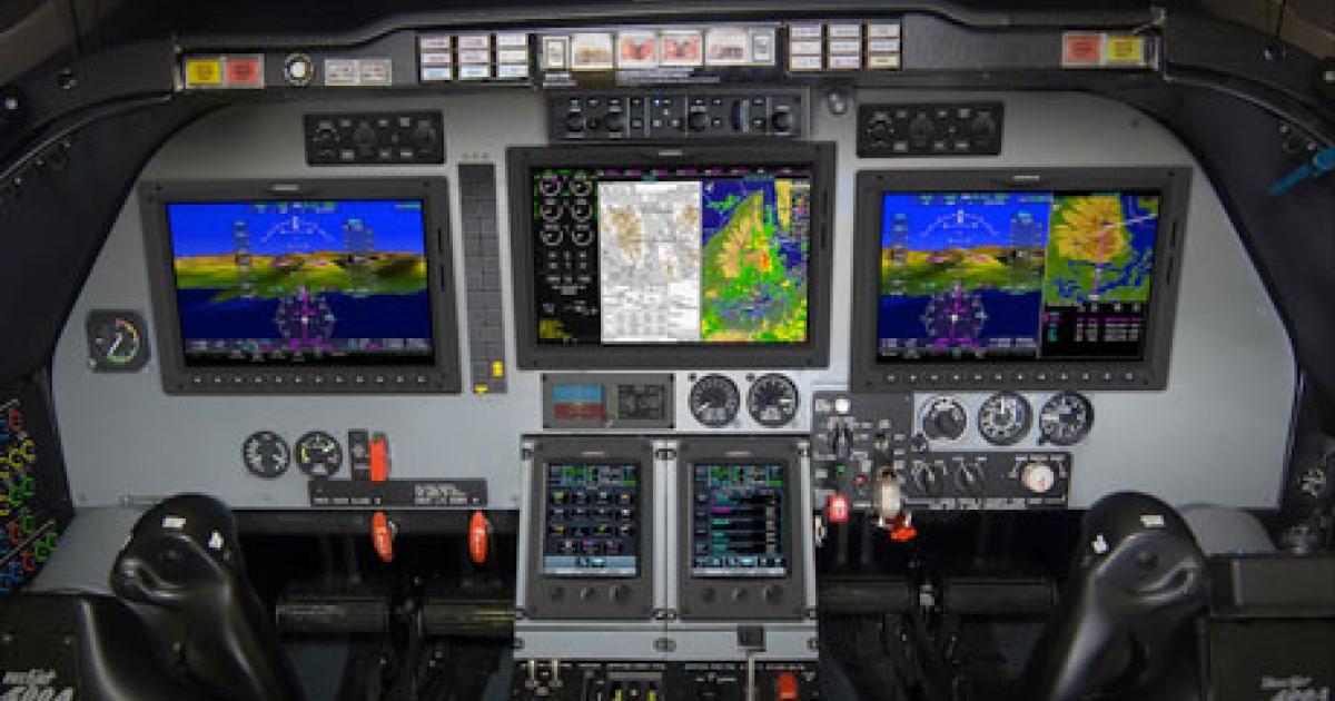 Garmin launched a G5000 avionics modernization program for the Beechjet 400A/Hawker 400XP that includes three landscape-oriented, 12-inch LCD flight displays and two touchscreen display/controllers. Targeted for FAA STC approval in 2015, Garmin estimates that the glass cockpit retrofit will cost between $450,000 and $500,000 installed. (Photo: Garmin)