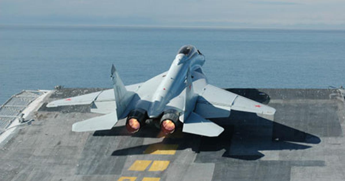 A MiG-29K leaves the deck of the INS Vikramaditya during the recent, second set of sea trials. (Photo: Vladimir Karnozov) 