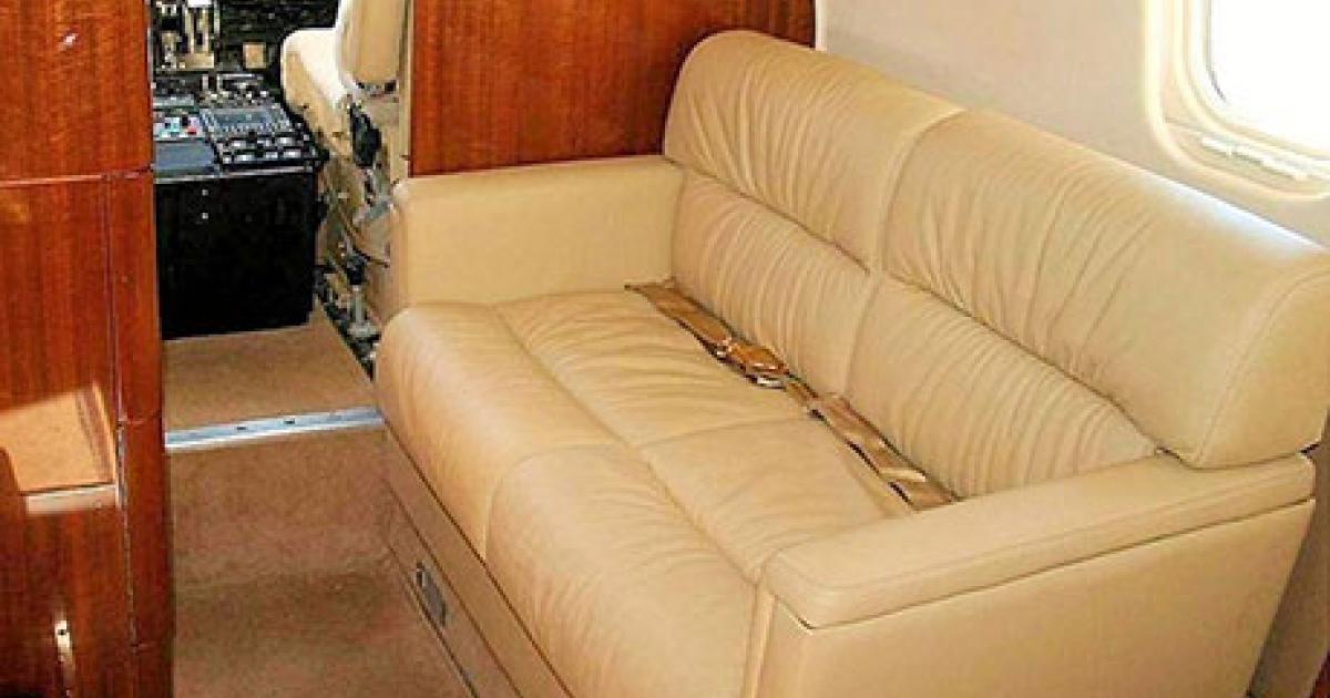 AvFab’s two-place divan for the Learjet 60 adds passenger space while giving the cabin an open look. 