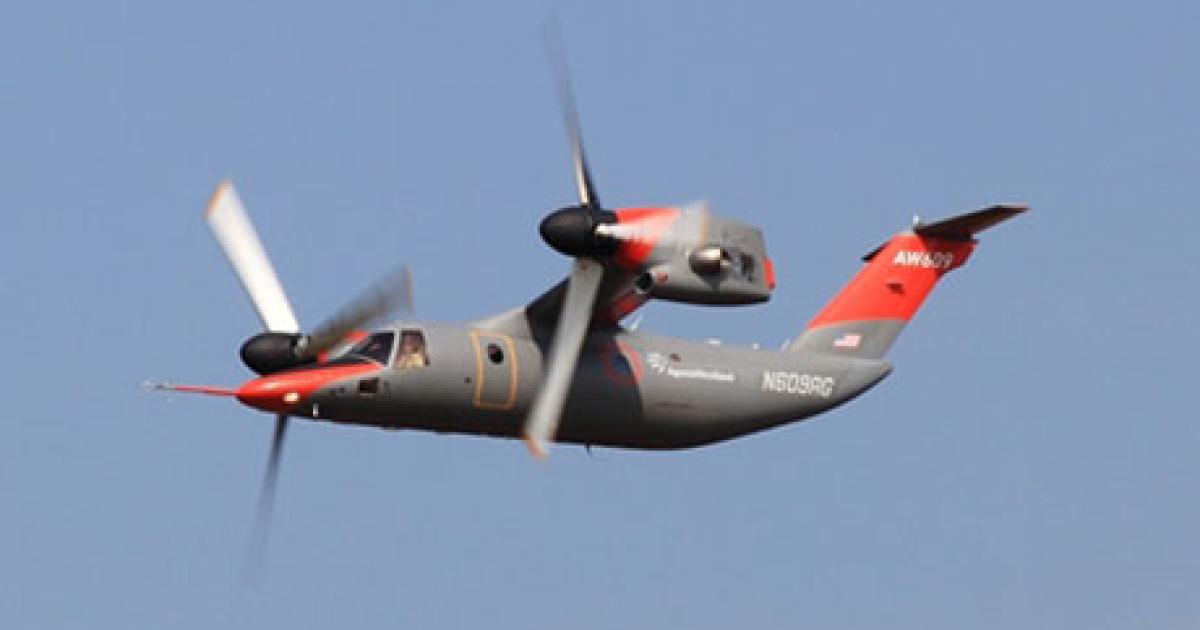 AgustaWestland is incorporating several aerodynamic improvements into the AW609 tiltrotor, including a modified vertical tail fin, sleeker engine exhaust nozzles and changes to the prop-rotor spinner cones. The second AW609 prototype has been flying with the new vertical tail fin (shown in photo) from the company’s Cascina Costa, Italy flight test facility since July 25. (Photo: AgustaWestland)