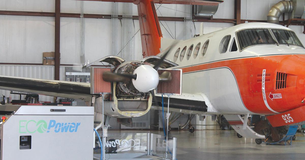 Vector-Hawk has teamed with EcoServices to offer a version of the Pratt & Whitney-designed EcoPower Wash system for P&WC PT6 engines, shown here in the process of “cleansing” a PT6 on a Beechcraft King Air.