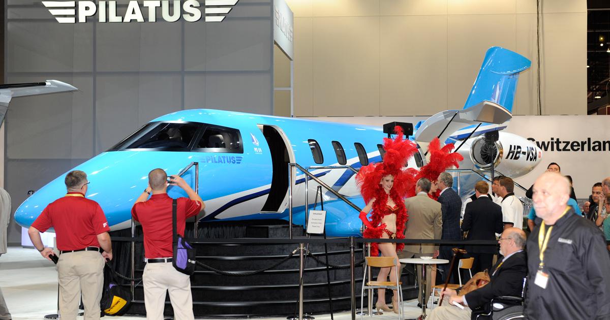 Pilatus Business Aircraft is displaying a mock-up of its twinjet PC-24, which combines light-jet operating economics with super-midsize jet capabilities.