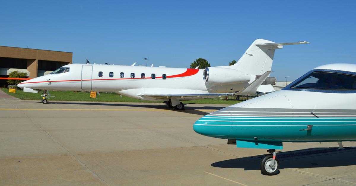 The first Learjet 85 (in white) was on display in Wichita October 17 during delivery ceremonies for the first Learjet 75s.