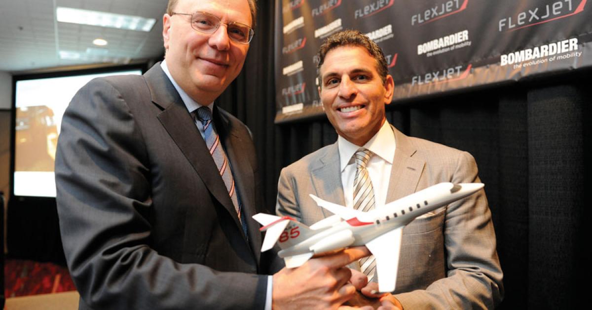 Bombardier Business Aircraft president Steve Ridolfi (left) has received a “vote of confidence” from Kenn Ricci, soon to be owner of the Bombardier’s Flexjet fractional aircraft program. Ricci increased Flexjet’s firm order for new Learjets to a total of 115, including 60 Model 85s. (Photo: Mark Wagner)