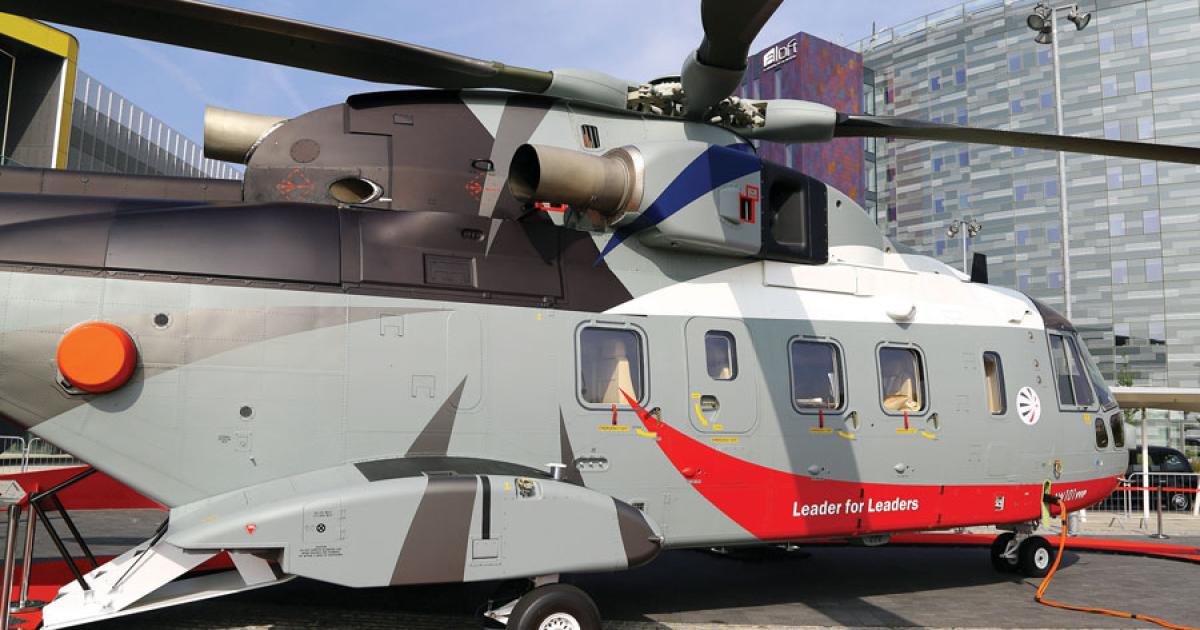 AgustaWestland displayed a VIP-configured AW101 at the Helitech show.