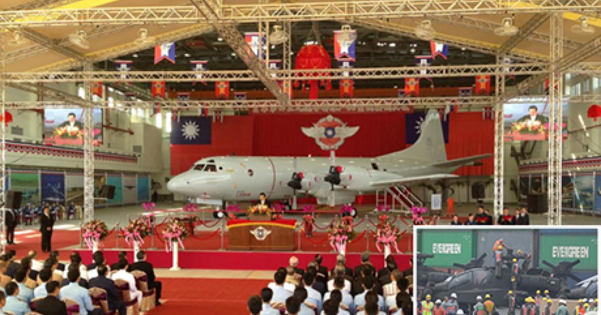 Taiwan celebrated the receipt of its first P-3C Orion at a ceremony on October 31. Three days later, the first six AH-64E Apaches arrived by sea (inset). 