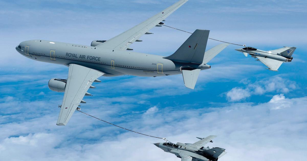 A Royal Air Force A330MRTT refuels the service’s two frontline fighters–a Typhoon and a Tornado GR.4. The big Airbus tanker is known in RAF service as the Voyager. The aircraft are provided by AirTanker Ltd. as part of a unique Private Finance Initiative.