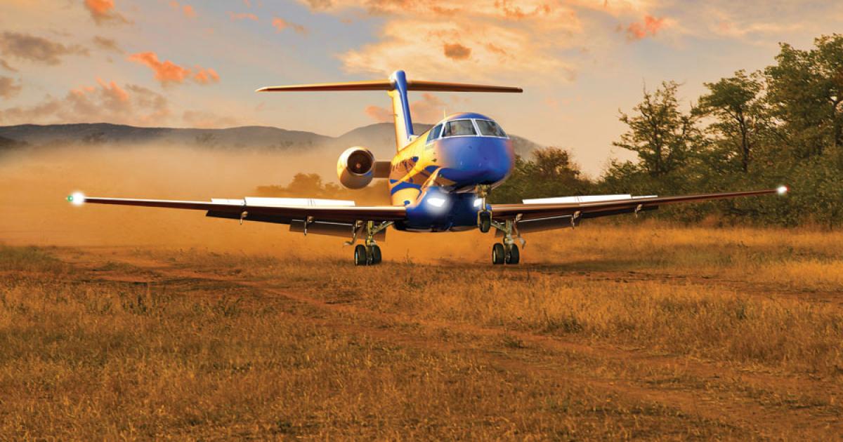 The rugged Pilatus PC-24 (above) can operate from short and unpaved runways, so may be ideal for the African market. Below: Business aircraft dominated the ramp display at the African Aerospace and Defence show held in Pretoria last year; a business aviation show is slated to be held in Marrakech next April. 