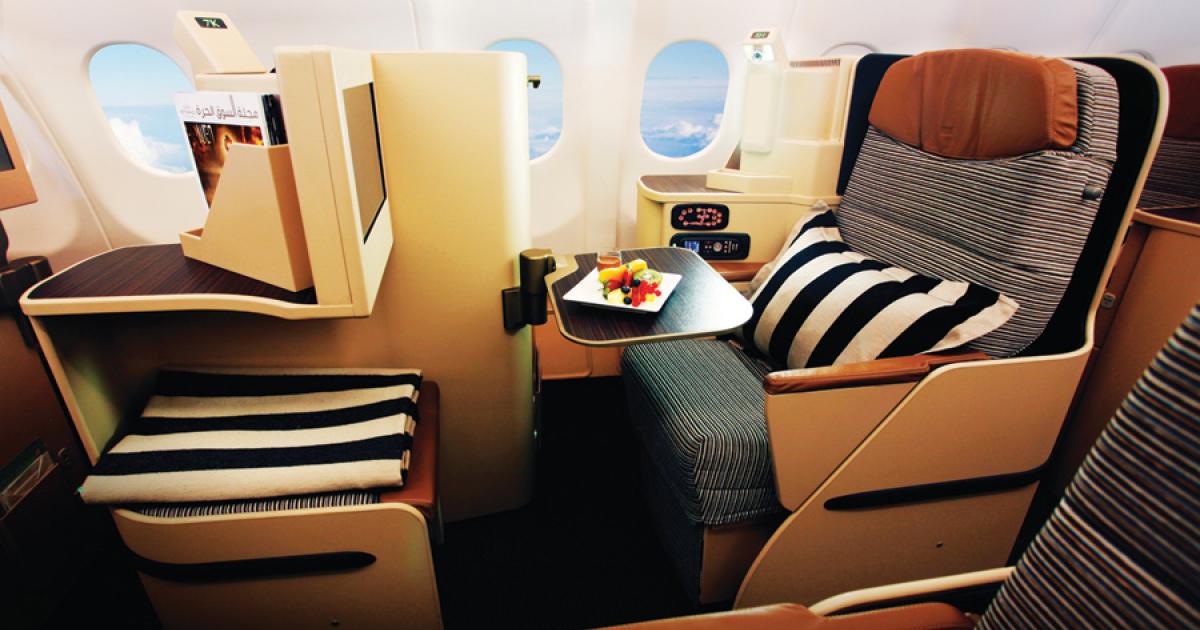 The “Pearl” business-class section holds 40 flatbed seats, each with aisle access.