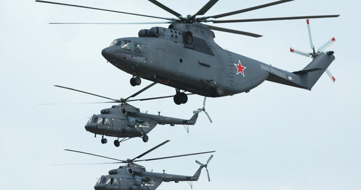 Russia aims to expand its product line and to boost global sales of its military helicopters, such as the Mi-26 (top) and the Mi-17.