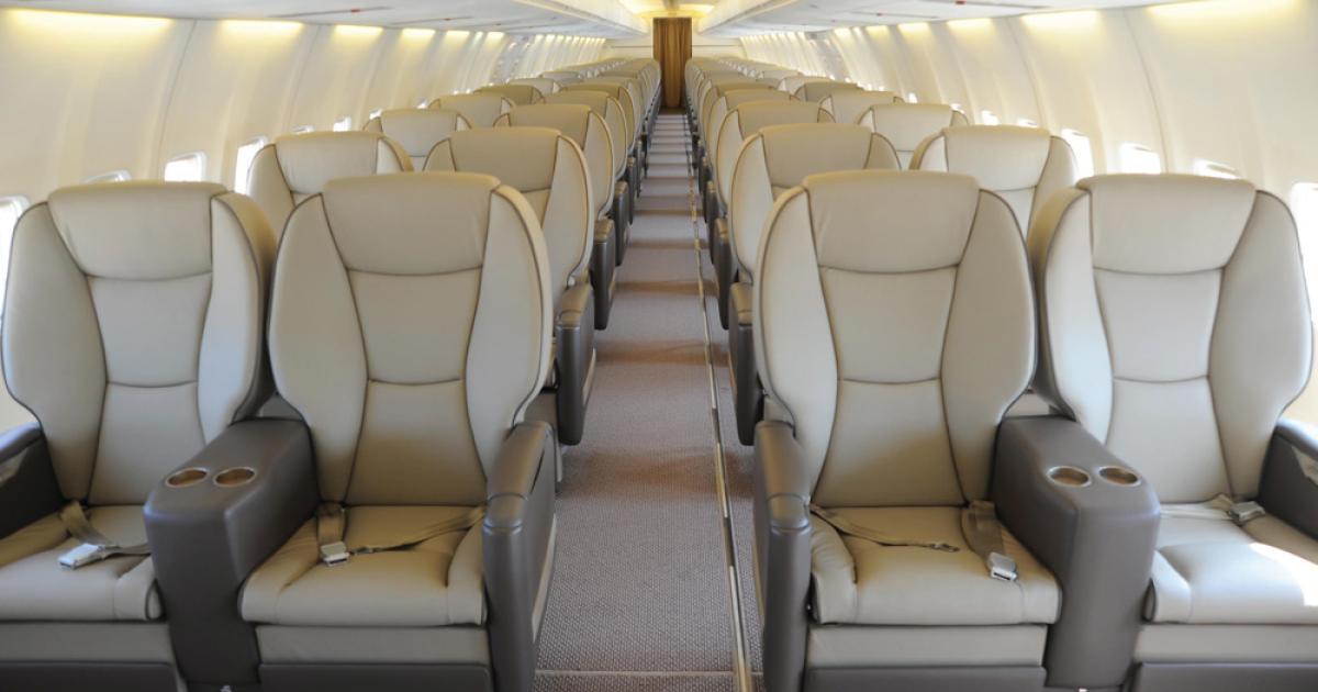 Gainjet’s Boeing 737-400 features 68 executive seats, but the company is already planning further upgrades to include a bedroom and bathroom, as well as auxiliary fuel tanks and cabin connectivity and entertainment systems.
