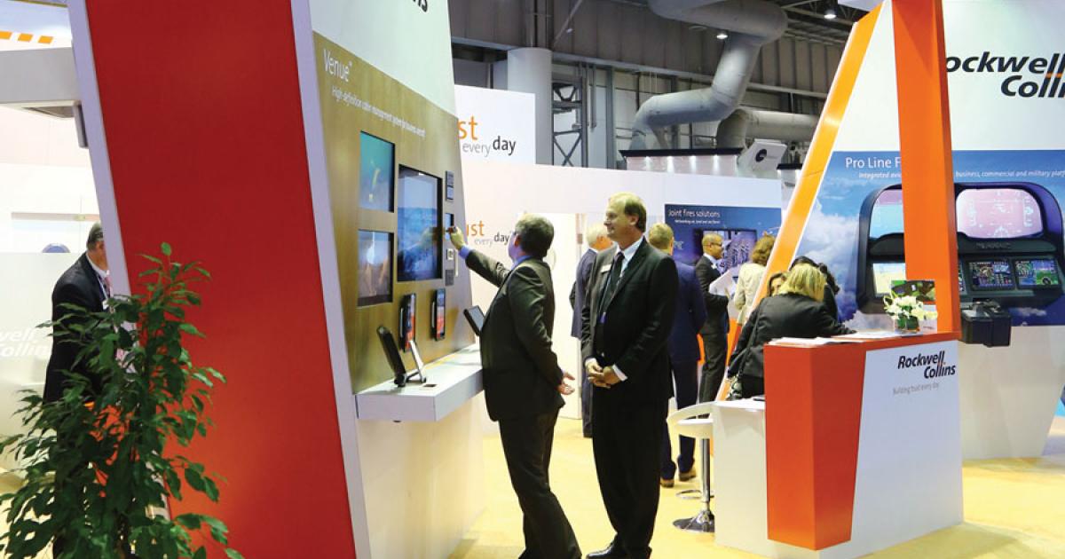 Offerings at the Rockwell Collins stand here at the Dubai Airshow include avionics, in-flight entertainment (IFE) equipment and information on flight support services.