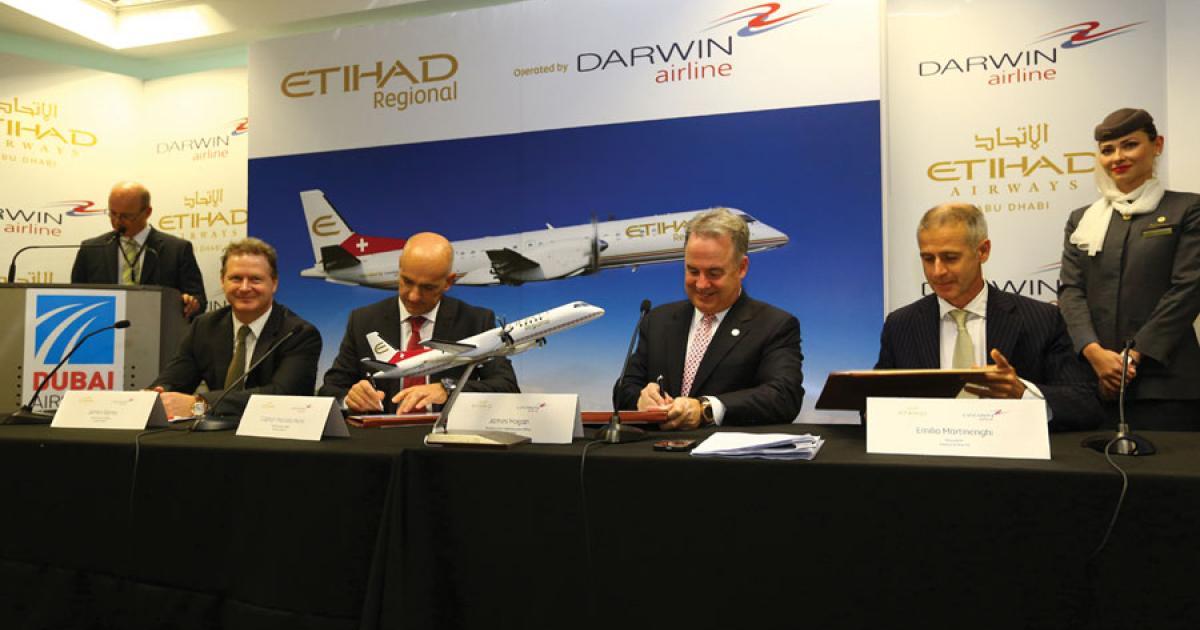 Announced yesterday here at the Dubai Airshow, an alliance between Swiss regional carrier Darwin and UAE’s Etihad will become Etihad Regional, with growing service throughout Europe.