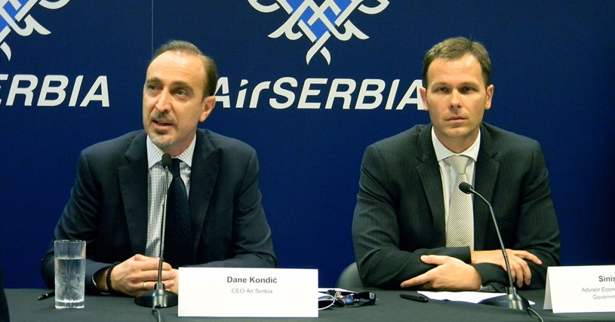 Air Serbia CEO Dane Kondic, left, and Serbian government official Sinisa Mali announce plans for A320neos at the Dubai Airshow. (Photo: Bill Carey)  