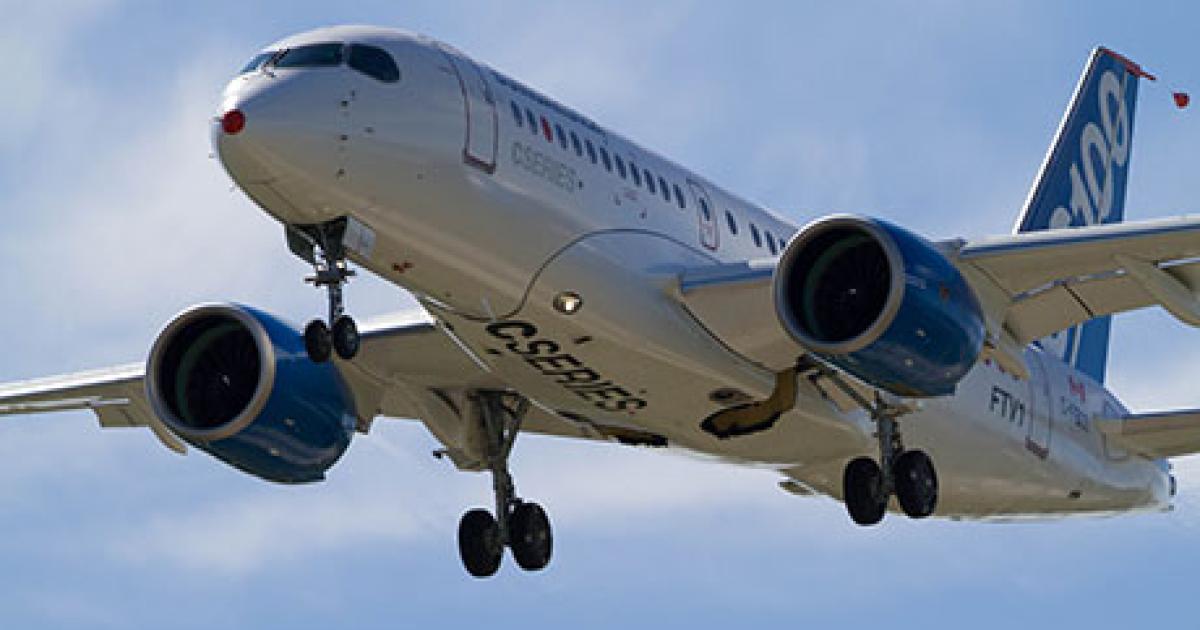 The CSeries FTV1 prototype lands after first flight. Bombardier said the second flight-test vehicle will fly within weeks. (Photo: Bombardier) 