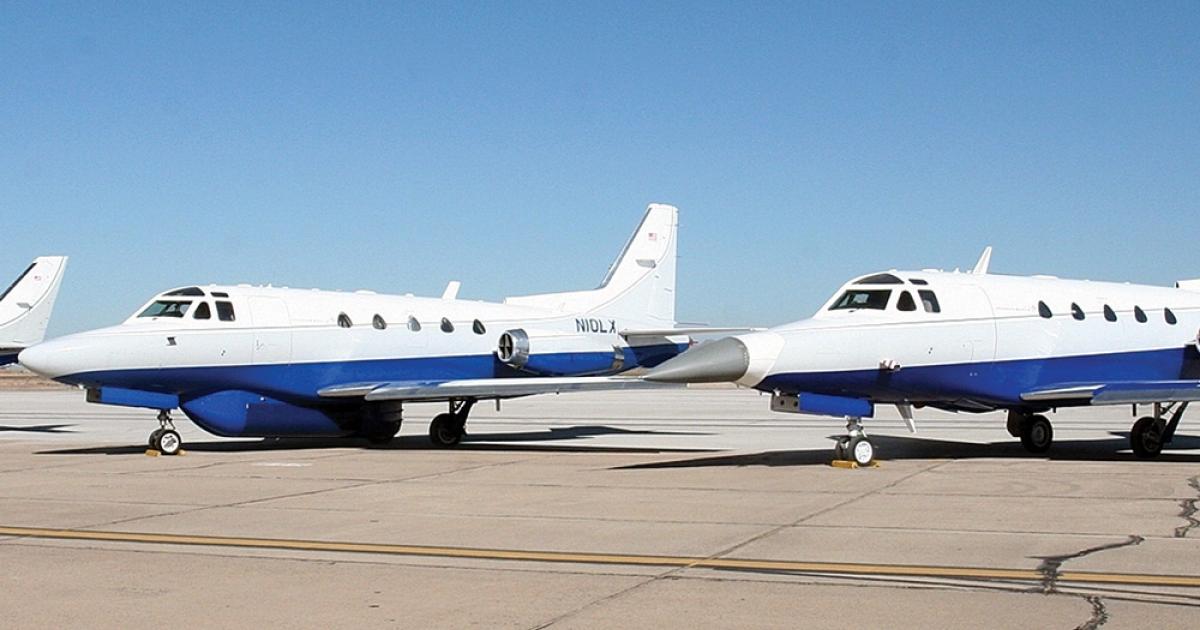 Two Sabreliner 60s and a Navajo Chieftain are operated by Flight Test Services at Goodyear. In this photo, one of the Sabreliners has a modified nose radome, while the other carries a belly-mounted all-purpose flight-test radome.