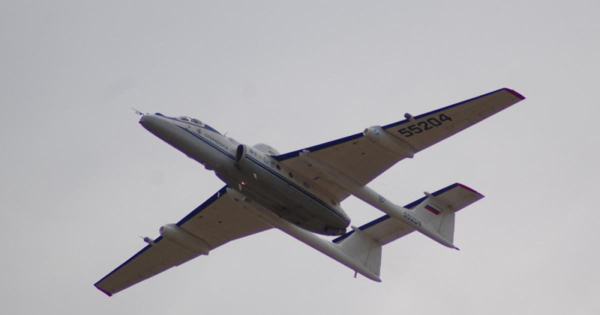 Myasishchev has proposed converting a second M-55 high-altitude aircraft for research purposes. The first one–seen here during a flypast at the Russian Air Force 100th anniversary airshow in 2012–is nearly out of hours. (Photo: Chris Pocock) 