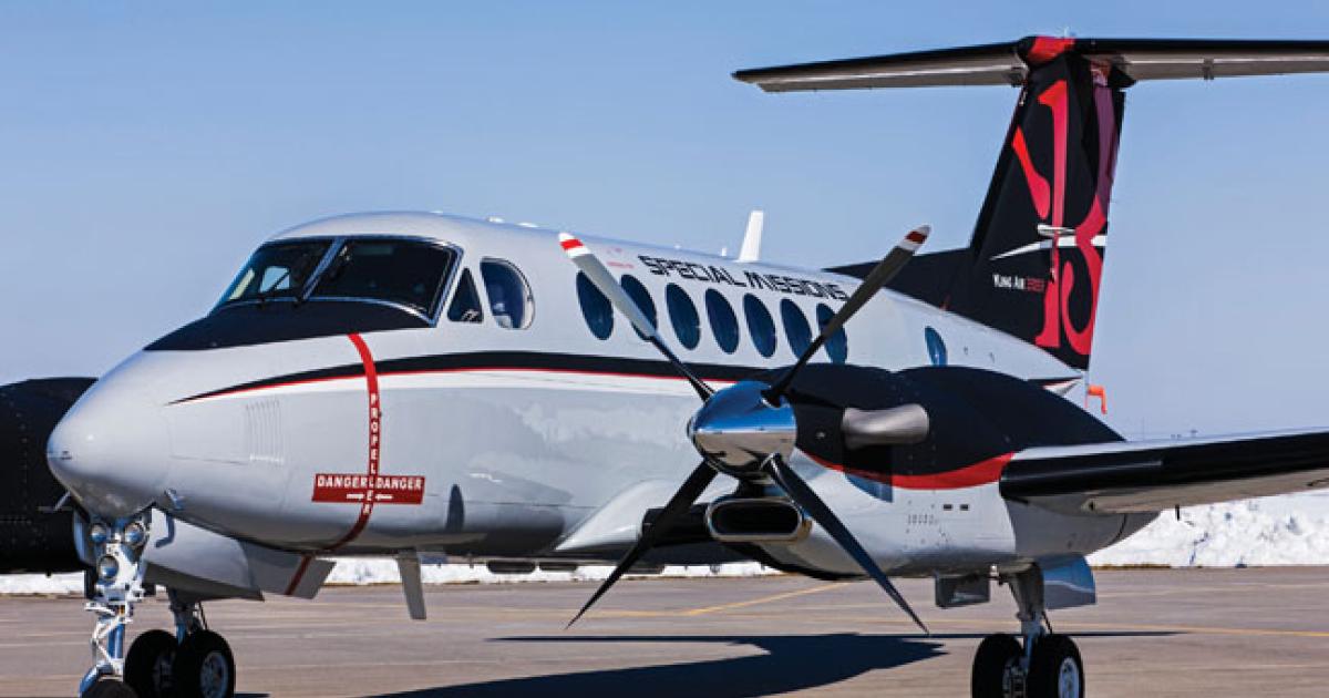 The core mission of the Beechcraft King Air 350ER is long range and lengthy loitering times, up to 2,650 nm or 12 hours.
