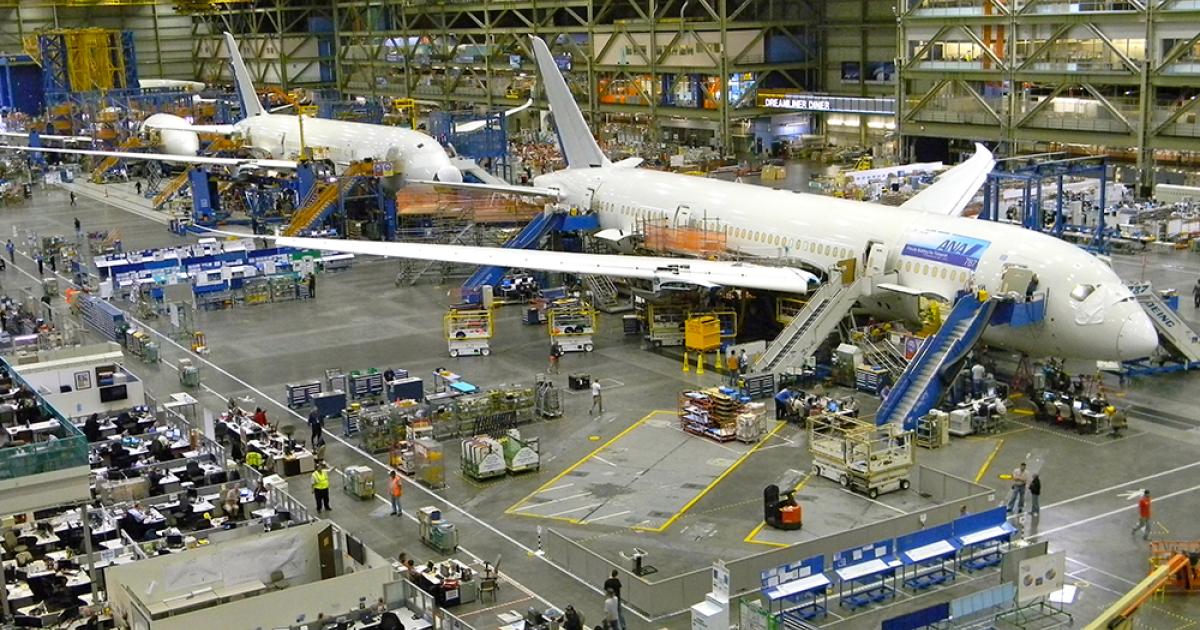 Boeing 787 Dreamliners progress through final assembly at Boeing’s widebody plant in Everett, Wash. (Photo: Bill Carey)