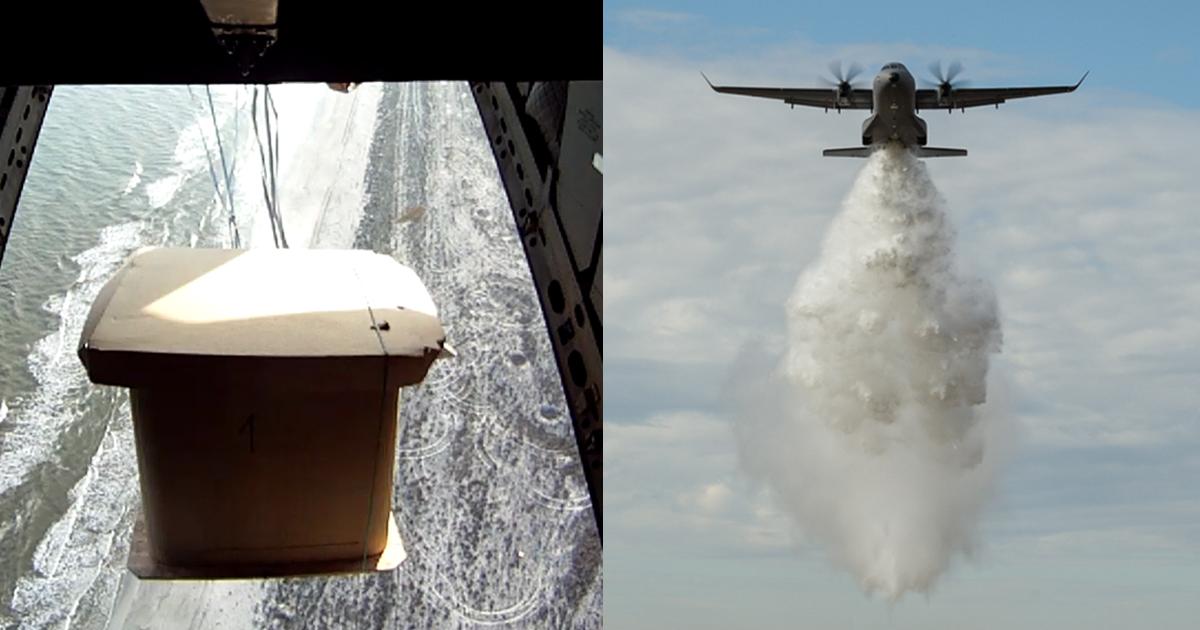 Alenia has developed disposable cardboard containers for its C-27J firefighting system (left) whereas the Airbus Military C295 uses a conventional ejection system (right). (Photos: Alenia and Airbus Military)