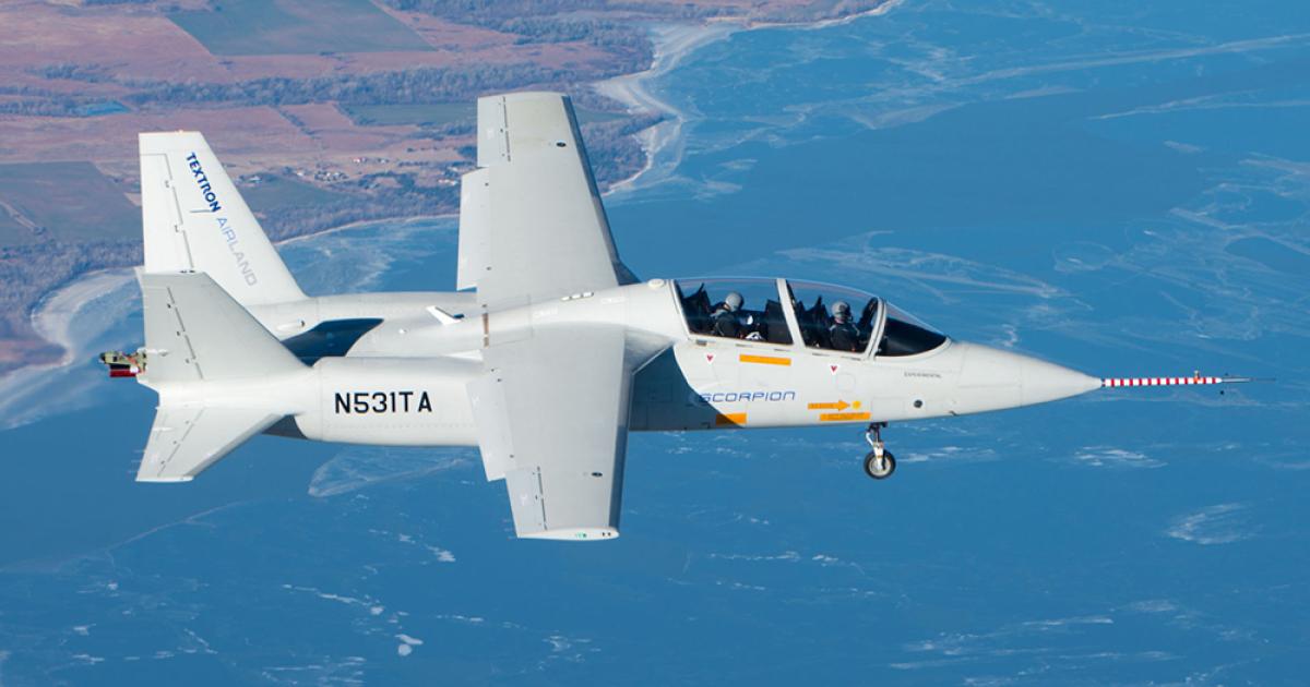 Textron AirLand’s prototype Scorpion twin-engine “tactical” jet, which was built by Textron subsidiary Cessna Aircraft, flew for the first time on December 12 in Wichita. (Photo: Textron AirLand)