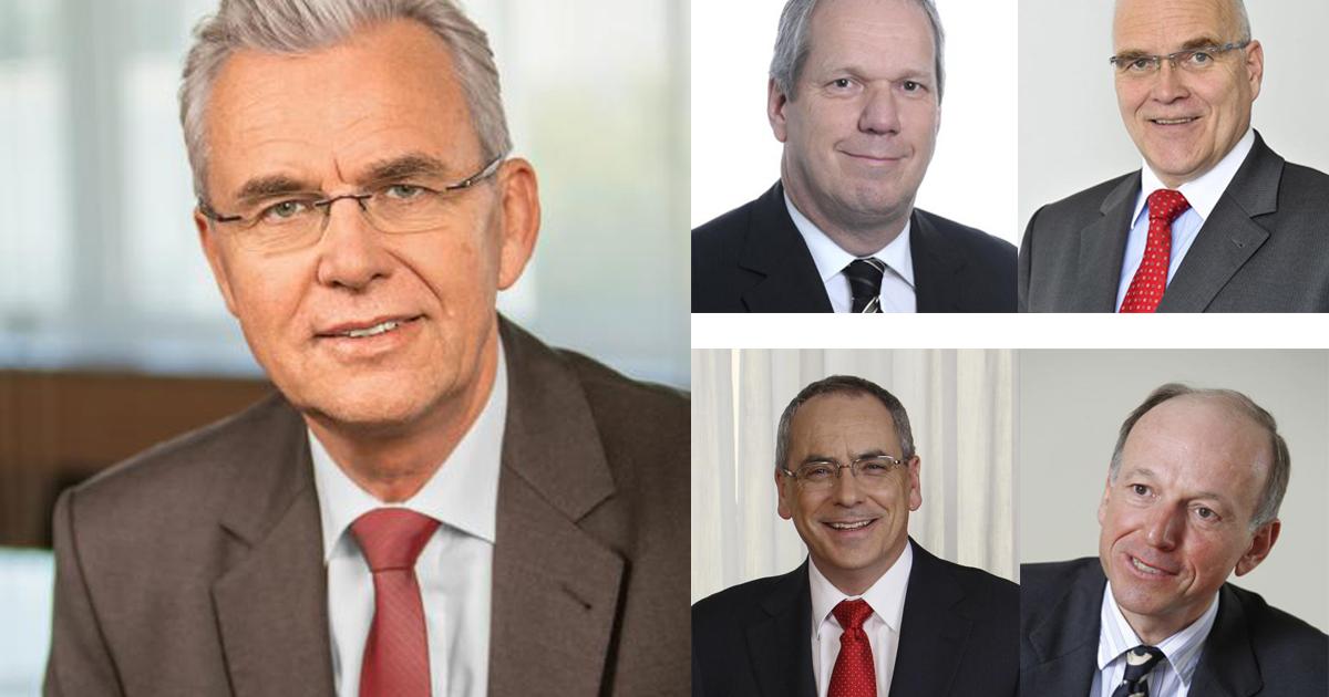 Bernhard Gerwert (left) is the CEO of the new Airbus defence and space division. The heads of the four business lines are (clockwise from left top) Evert Dudok (CIS); Thomas Mueller (electronics); Domingo Urena-Raso (military aircraft); and Francois Auque (space systems). 