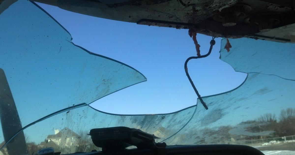 This is all that remains of the Cessna 210’s windshield after the aircraft collided with a goose.
