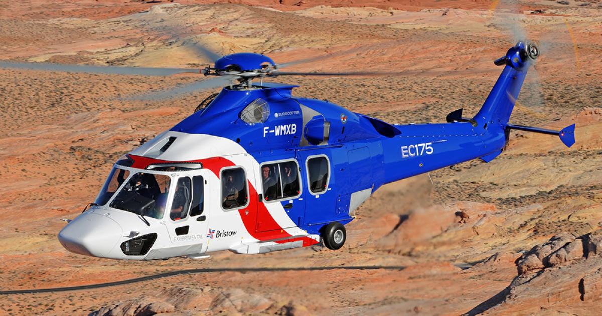 Airbus Helicopters (née Eurocopter) CEO Guillaume Faury announced today that the EC175 medium twin “successfully completed the EASA certification process yesterday,” and the agency said today that it would issue the type certificate in the first quarter. (Photo: Airbus Helicopters)