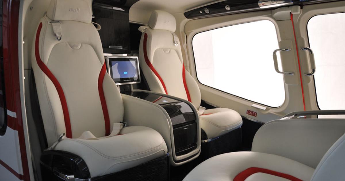 Mecaer’s Bell 429 interior, available as a retrofit and on new-build models, features a Silens noise- and vibration-abatement system and hand-stitched leather upholstery.