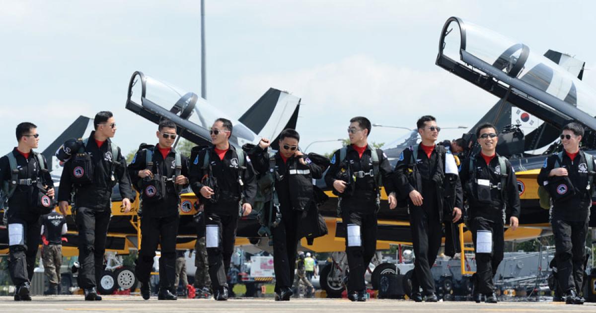 The Black Eagles soar on the wings of their supersonic T-50B jet trainers, developed in their home country by Korean Aerospace Industries. Some of the Eagles’ breathtaking show maneuvers include the Double Helix; Victory Break; Bon Ton Roulle; Dizzying Break; Snake Roll; and the Rainfall. 