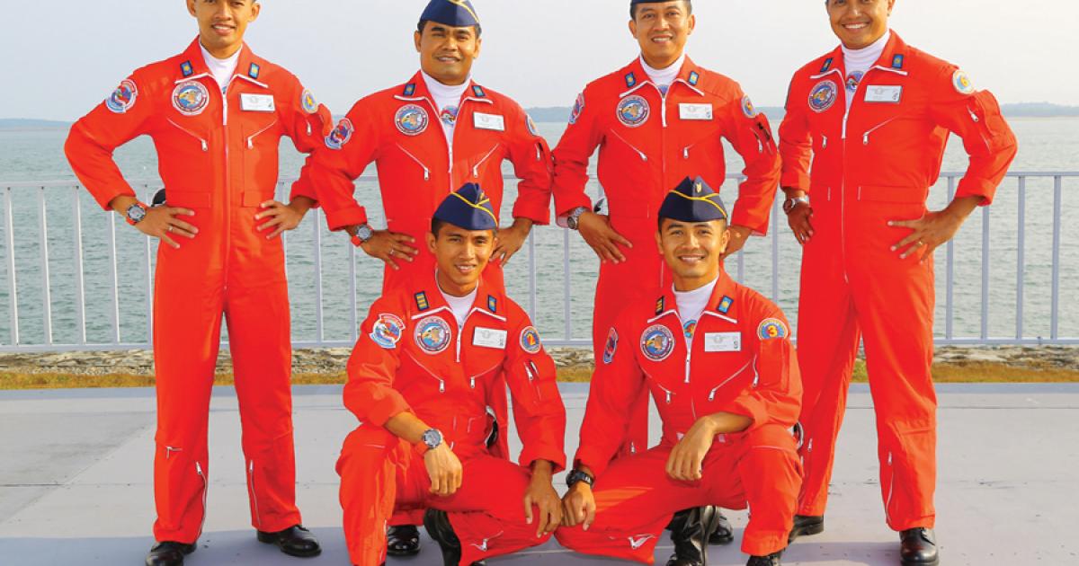 Meet the Jupiters aerobatic flight team. Rear, left to right: Maj. Ari Susiono; Maj. Feri Yunaldi; Maj. Sri Raharjo; Maj. Maecellinus Dirgantara; kneeling: Capt. Ripdho Utomo; Capt. Apri Arfianto. 