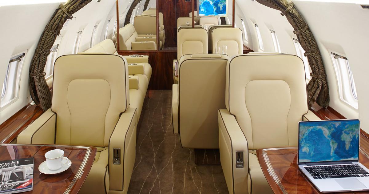 The Challenger 604 interior project included refurbishment of the eight club seats, a three-place divan, customized seat piping detail and a List stone floor in the galley and lavatory areas.