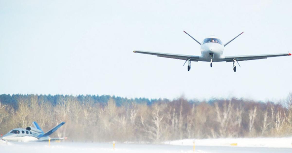 Cirrus Aircraft’s first conforming Vision SF50, dubbed “C-Zero” (C0), achieved a one-hour maiden flight on March 24, taking off at about 5 p.m. CDT from Duluth International Airport, where the company has its headquarters. The all-composite, single-engine jet is expected to enter service in the second half of 2015, following FAA certification. (Photo: Cirrus Aircraft)