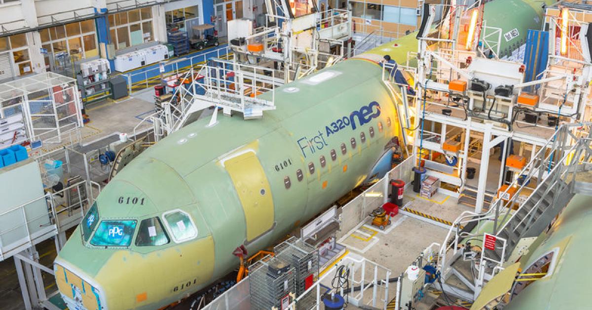 The first A320neo sits at Station 41 at Airbus's final assembly line in Toulouse. (Photo: Airbus)