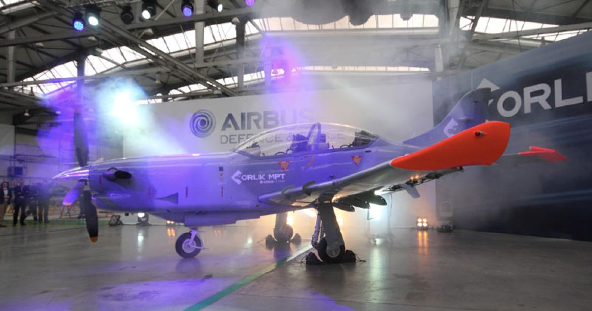 Poland’s Orlik trainer has been around since the mid-1980s, but the latest MPT version, seen here during its unveiling this week, is tailored for training pilots for fourth- and fifth-generation fighters. (Photo: Airbus Defence and Space)