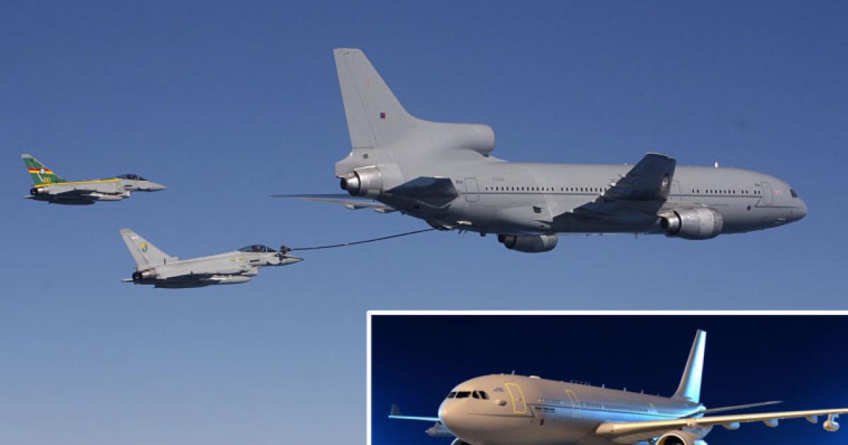 An RAF TriStar KC.1 refuels two Typhoon interceptors over the North Sea on its last operational mission (Photo: Robert Archer). Inset: One of the replacement Voyagers provided by AirTanker, on night alert at RAF Brize Norton (Photo: MoD Crown Copyright). 