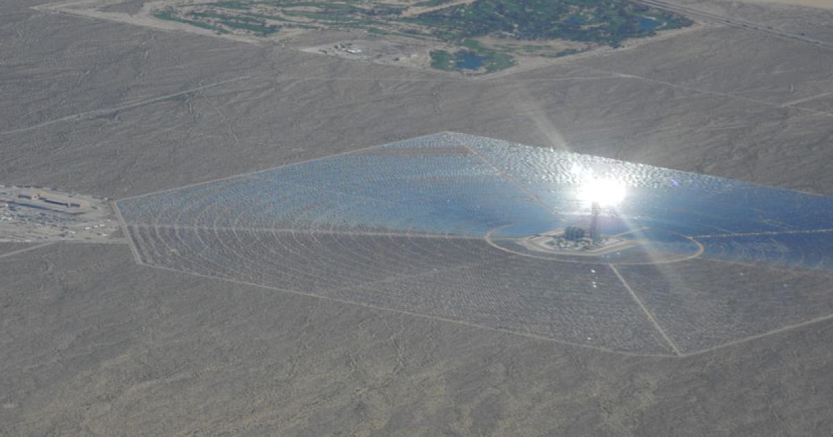 A view of the Ivanpah solar energy plant from about 20,000 feet on a sunny day. (Photo: Matt Thurber)