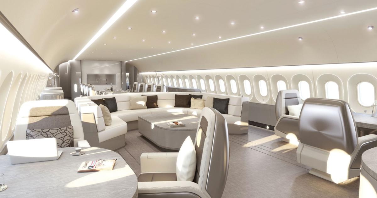 Jet Aviation Basel’s “Visionary” cabin
interior for VIP widebody aircraft
may provide a glimpse into the
future, particularly as manufacturers
increasingly introduce lightweight
airframes of composite structures.