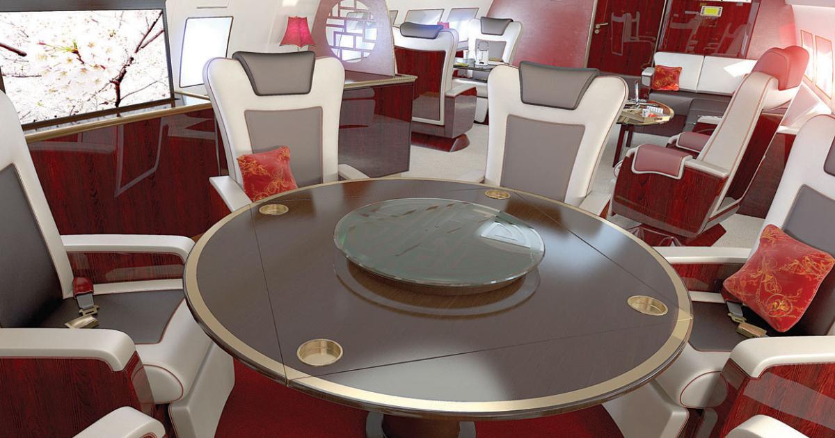 The dimensions of the ACJ’s cabin allows the installation of a circular table, which is popular in Asian cultures.