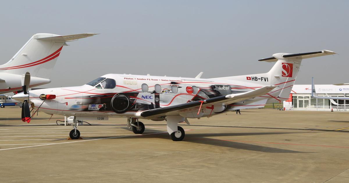Pilatus’s PC-12NG on display here, in Shanghai, appears
in the livery of the Sauber Formula 1 auto racing team.
