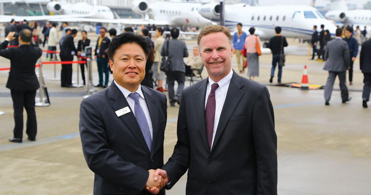 ABACE is a truly Asian show, with increasing numbers of local exhibitors. AsBAA chairman Kevin Wu, left, and NBAA president and CEO Ed Bolen co-organize the event, which has grown markedly in size and scope since the first edition in 2012. 