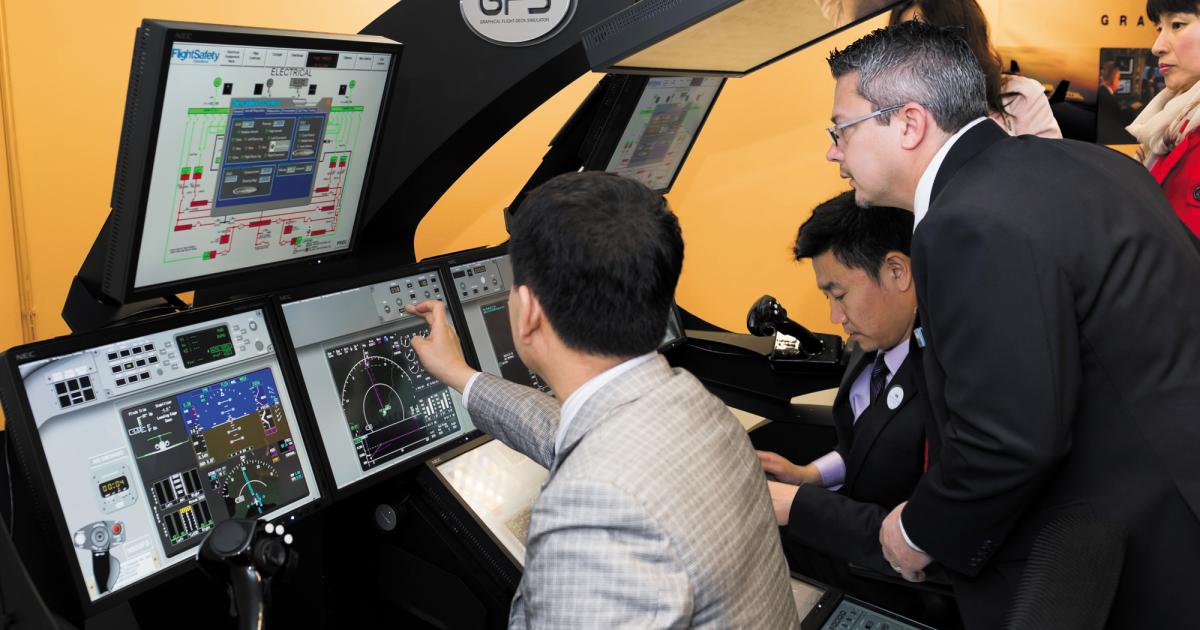 Flight Safety International’s graphical flight-deck simulators (above) provide real-time simulation for different aircraft models in a single training device.The devices are equipped with interactive aircraft hardware reproductions that enable intuitive tactile training. 