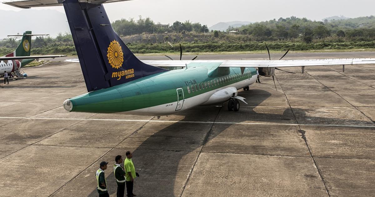 A Myanma Airways ATR 72-500 stands ready to taxi at Tachilek Airport in eastern Myanmar. (Photo: Gabriele Stoia)