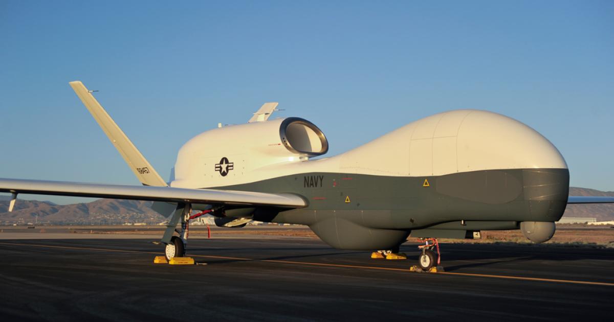 The U.S. Navy's MQ-4C Triton is advancing through flight testing, but without a system yet for airborne 'sense-and-avoid' capability. (Photo: Northrop Grumman)