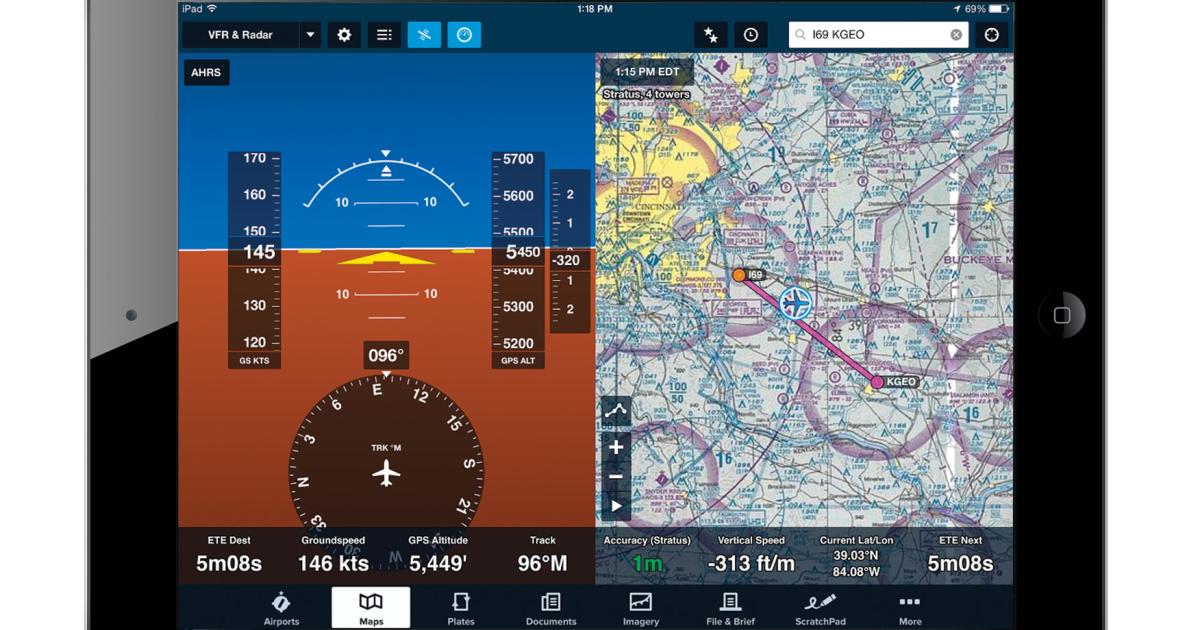 A split-screen attitude view is among the enhancements Sporty's has made to its airborne weather and navigation app for iPads.