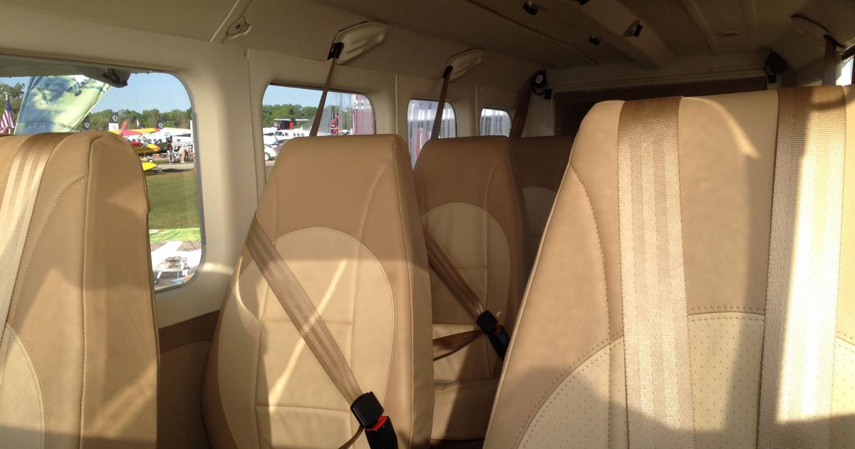 The new executive interior–designed by Columbia, S.C.-based maintenance and completions firm Eagle Aviation–introduced today by GippsAero for its GA8 Airvan adds 45 to 60 pounds compared with the standard utility outfitting, thanks to the addition of carpeting, headliner and leather seat coverings. (Photo: Chad Trautvetter/AIN)
