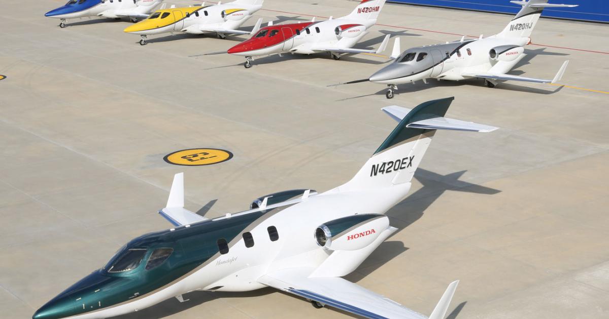 Honda Aircraft announced at EBACE 2014 that the first production HondaJet is expected to make its maiden flight this summer. It is shown here sporting a new “deep pearl green” paint scheme, which is now offered to customers along with blue, yellow, red and silver.
